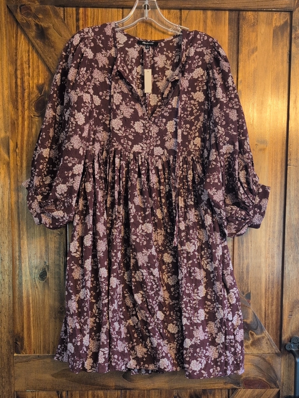 New Madewell Olivia Floral Dark Fig Babydoll Dress Split Neck Puff Sleeve Sz XS